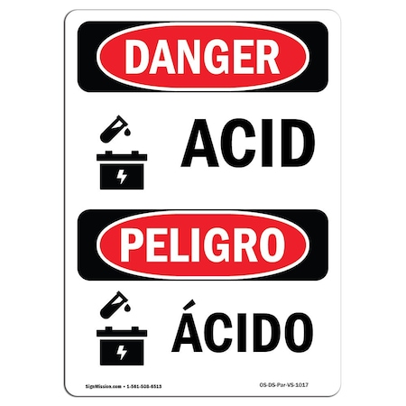 Signmission Safety Sign, OSHA Danger, 18" Height, Rigid Plastic, Acid, Bilingual Spanish OS-DS-P-1218-VS-1017